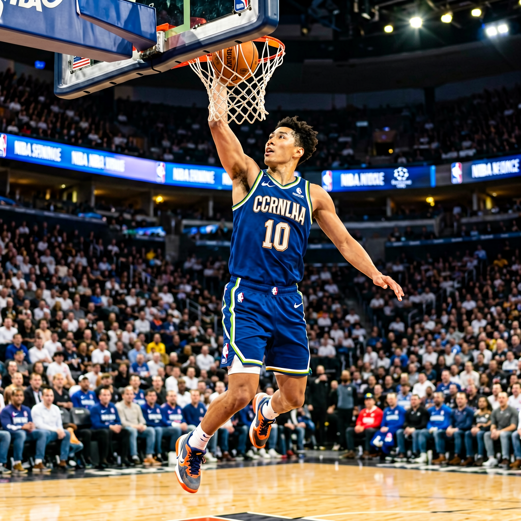 篮球比赛中球员完成精彩扣篮的瞬间，展现NBA比赛的激情