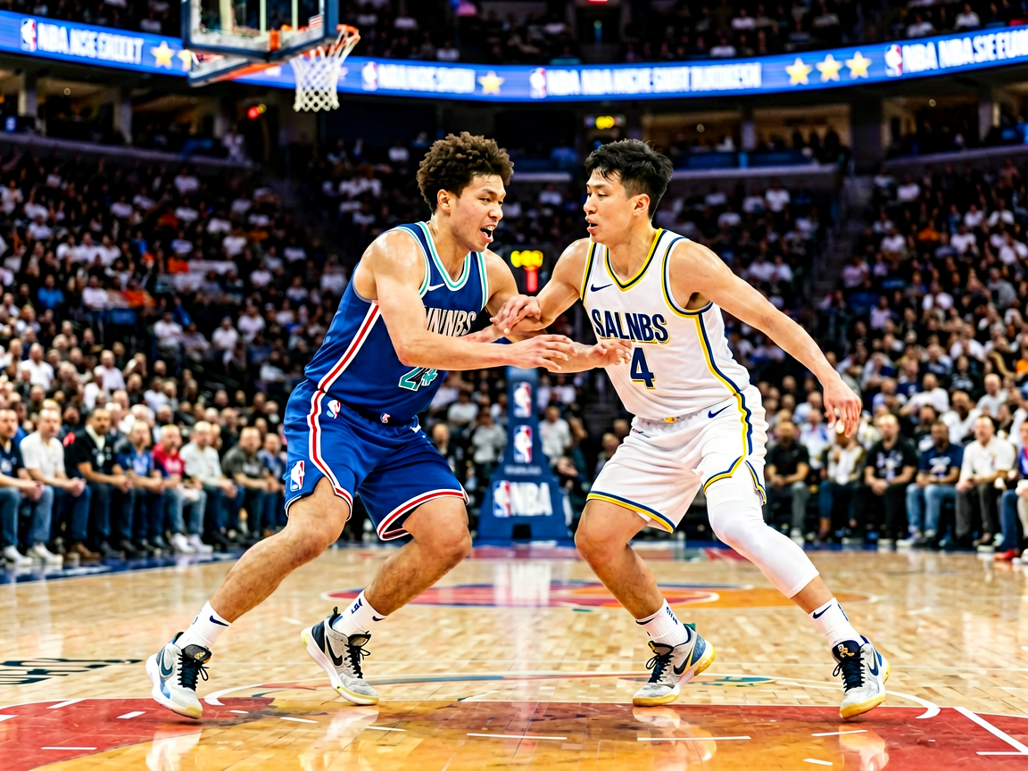 NBA比赛场馆内球员在场上激烈对抗的画面